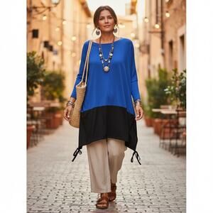 Noen Blue Black Color Block Lagenlook Cinch Wairt Top 18